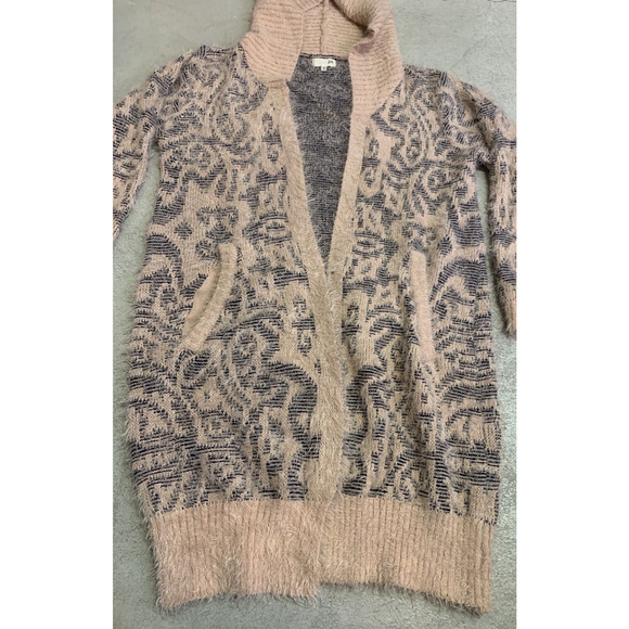 Joh Hoodie Sweater Womens S / M Open Front Long Soft Fuzzy Pink Pattern Cardigan - Picture 6 of 16